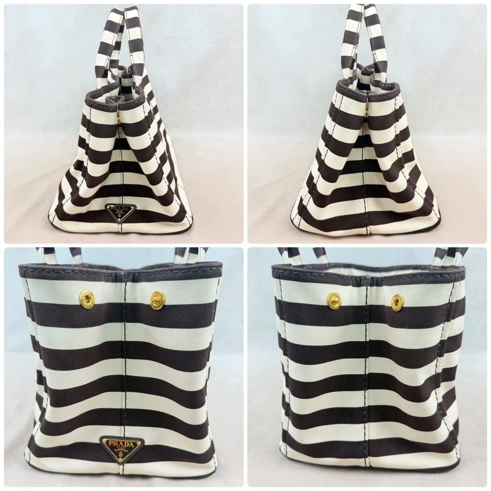 Prada Canapa Tote Chocolate Brown & Ivory Stripes w Strap + Dust Bags